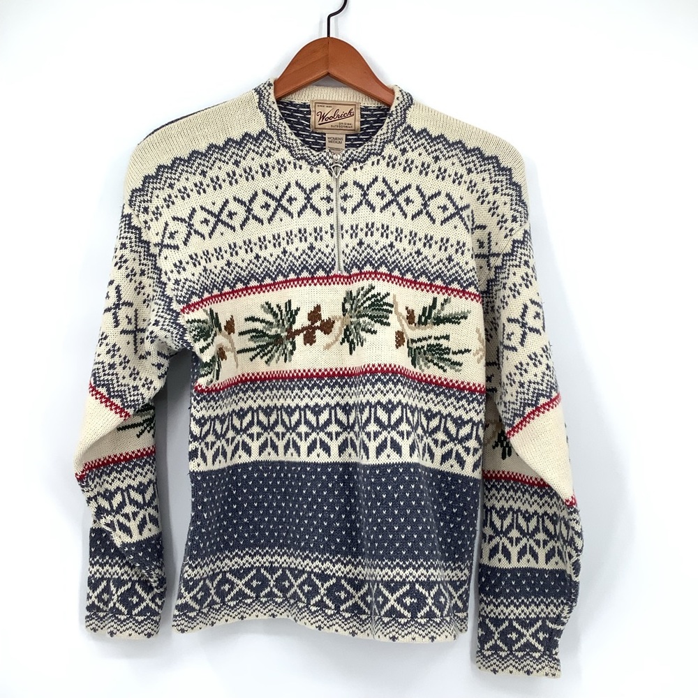 Woolrich Vintage Alpine Country Pine Cone Christmas Half Zip Nordic Sweater M